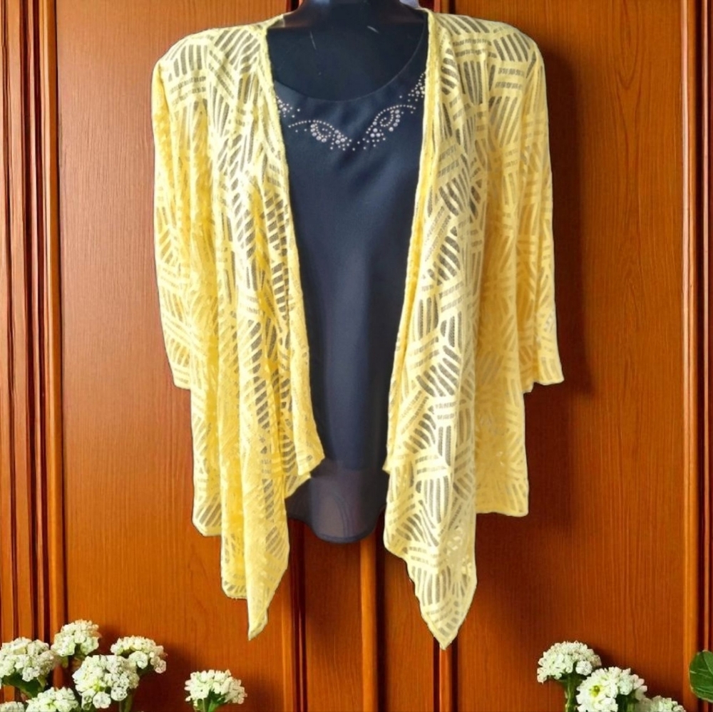 Soiree Vintage Lace Sunny Yellow Sheer Open-Front Cardigan Size L